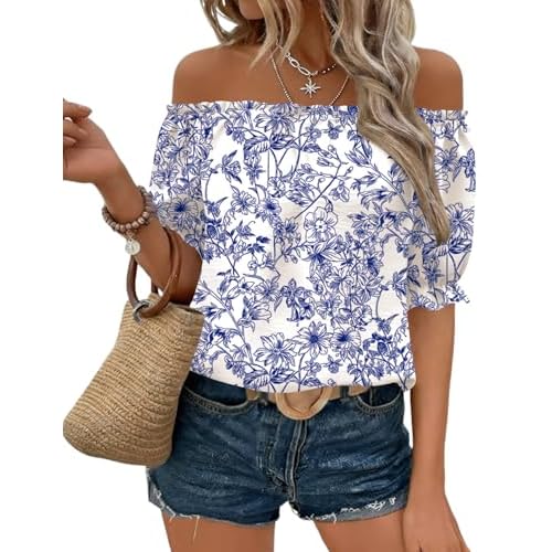 Kistore Womens Tops Short Sleeve Cotton Shirts Off The Shoulder Tops for Women Crewneck Dressy Casual Blouses Large White Blue Floral