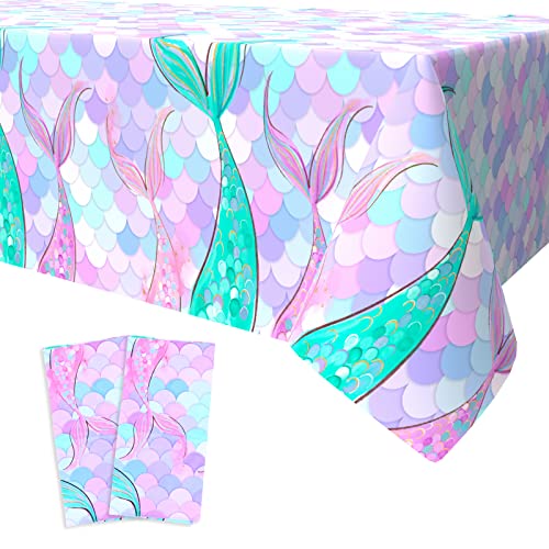 2PCS Manteles Sirena Mantel Cumpleaños Niña Manteles Plástico Desechable Suministros Fiesta...