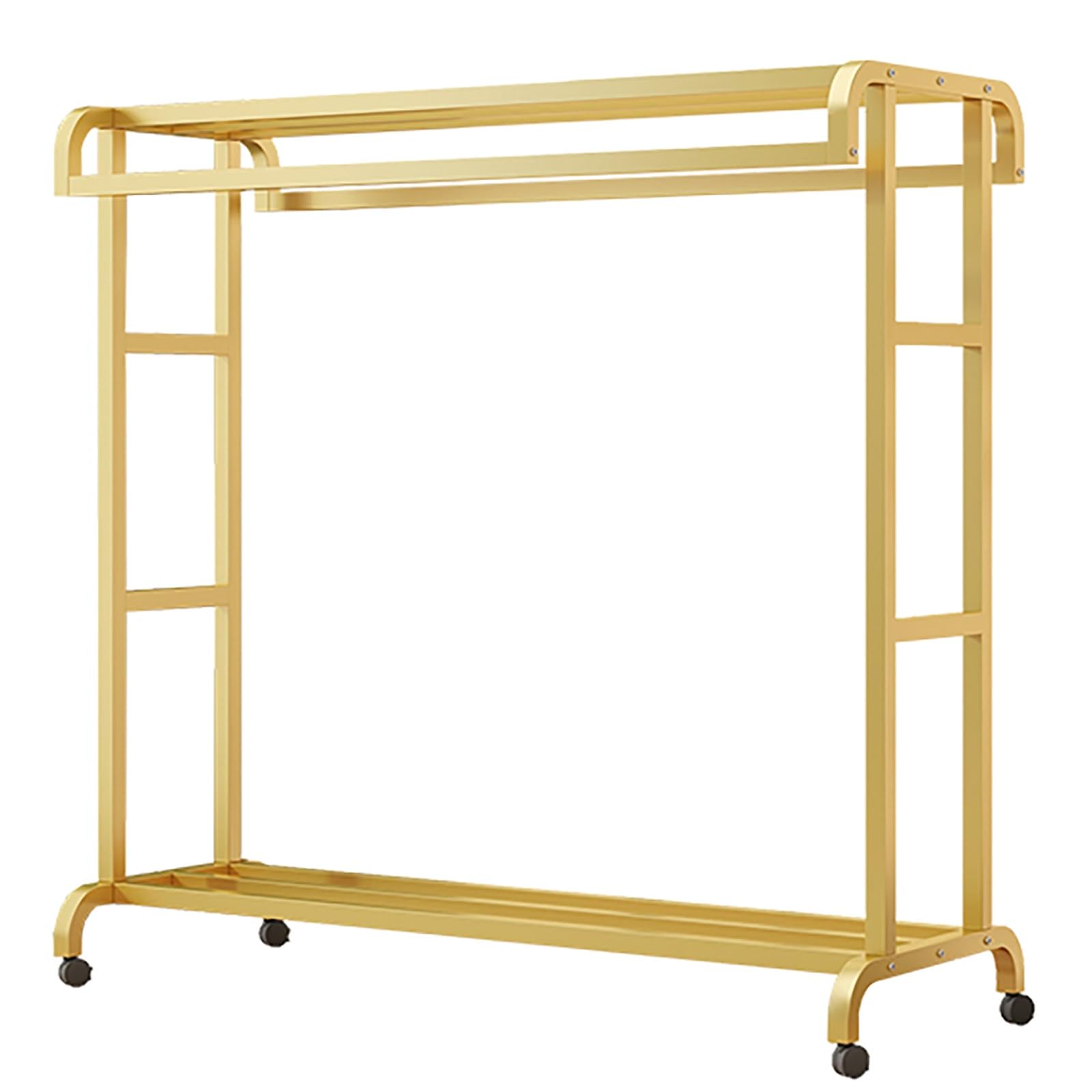 YNBSHGAA Double Metal Coat Rack with Wheels Free-Standing Garment Hanger Stylish Clothingfor Bedroom & Laundry Room,Gold-80cm/31.5in