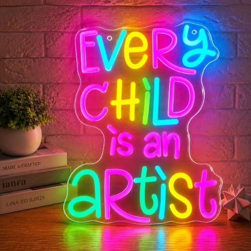 Image of Every Child Is an Artist Neon Sign for Classroom Decor - Colorful LED Neon Light with Dimmable Switch, USB Powered Wall Art for School Library, Playroom, Kids Study Room, Great Teacher Appreciation Gift