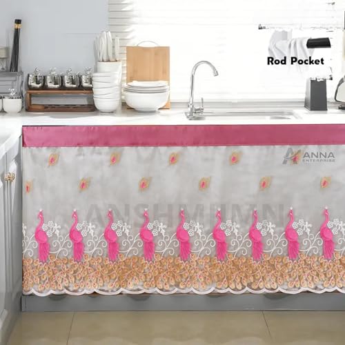 Image of Embroidered Kitchen Sink Curtain with Rod Pocket | Decorative Under Sink Cabinet Curtain | Floral & Peacock Design | Washable Fabric | Size: 150 x 71 CM (Pink, Pack of 1)