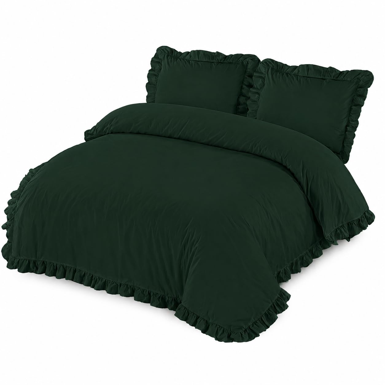 Nightzone Green Santiago Duvet Cover Bedding Set Frilled Edge Easy Care Polycotton Plain Pattern Ruffle Frill Corner With Pillowcases (, Double)