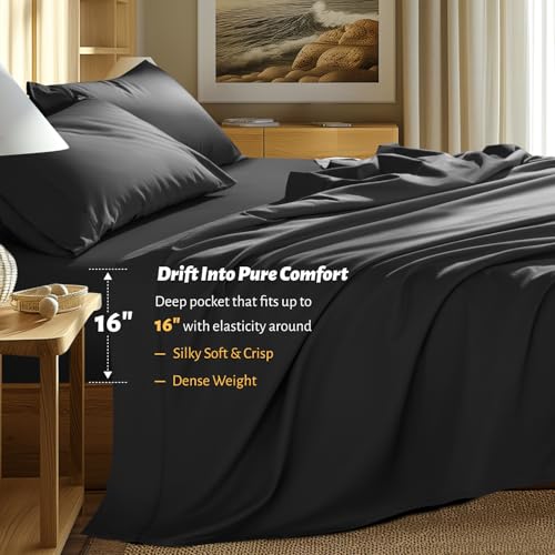 Shilucheng 100% Egyptian Cotton Sheets Set - 1000 Thread Count,Luxury Cotton Bed Sheets,Breathable & Cooling Bedding and Pillow Cases, 16 Inch Deep Pocket - 4 Piece (Black, Full)