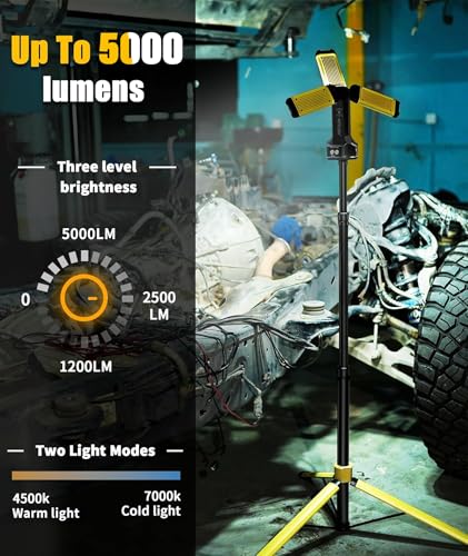 Image of HOTLIGH Rechargeable Work Light with Stand- 5000 Lumens Portable Work Light 67 inch Detachable Tripod, 10000mAh Cordless Work Light with 270 Rotate Foldable Design, Tripod Work Light for Repairing