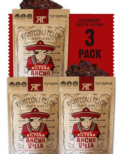 Righteous Felon Biltong Beef Jerky | South African Biltong Snack Packs for Adults | High Protein, Keto-Friendly, Low Sugar | Made with Premium Meats | Beef Jerky Gifts for Men | Ancho Villa 3 Pack