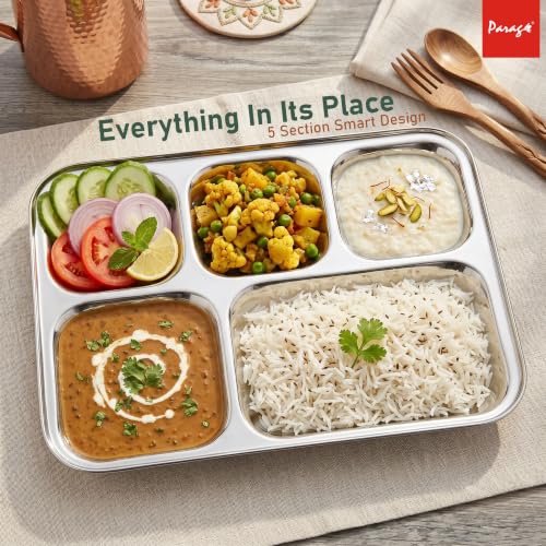 Image of Parage 6 Pieces Stainless Steel 3- Compartment Thali Set /Dinnerware /Dinner Plate Set / 3 in 1 Partition /Kitchenware for Home, Restaurants, Famliy Use, Bhojan Thali (Silver)