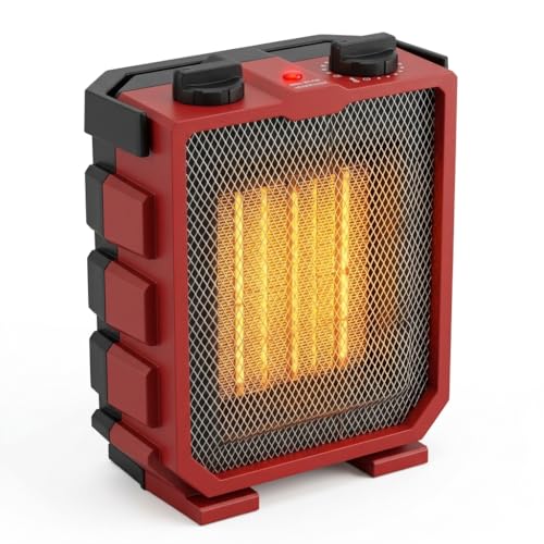 Comfort Zone 1500W Portable Electric Space Heater with Fan – Ceramic Utility Heater with Adjustable Thermostat, 3 Modes, Foldable Handle & Tip-Over Protection – Red