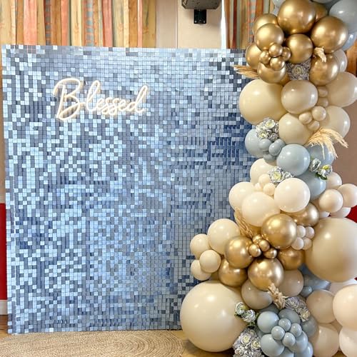 Image of Shimmer Wall Backdrop Baby Blue Square Sequin Wall Panel Backdrop Decor for Wedding, Anniversary, Birthday, Party, 36 Panels