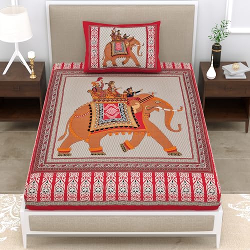 Image of Premium Rajasthani Jaipuri Traditional Sanganeri Elephant Print 144 TC 100% Pure Cotton Single Size Bedsheet with one Pillow Covers