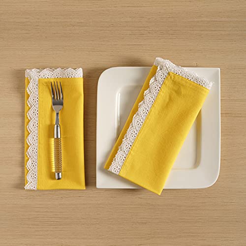 Image of FINGERCRAFT Cloth Napkins, Cotton Table Napkins with White Lace Edge, Reusable Washable Dinner Napkins for Wedding, Festive Dining, Parties & Home Decor (6, Lemon Premium Lace, 20 inchx20 inch)