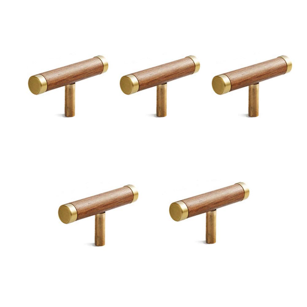 Maniglia per armadio da cucina, in ottone+noce, maniglie a T in stile europeo per mobili, cassetti, cassettiera, porta, pomello per armadietti (foro singolo/96/128/160 mm) (5 pezzi foro singolo)