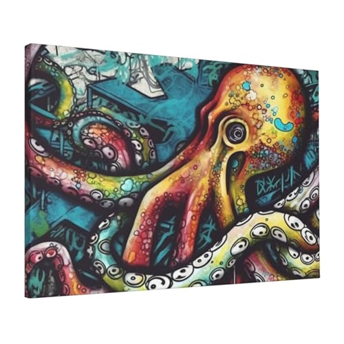 Impression sur toile pieuvre graffiti tableau mural deco chambre 40,6 cm