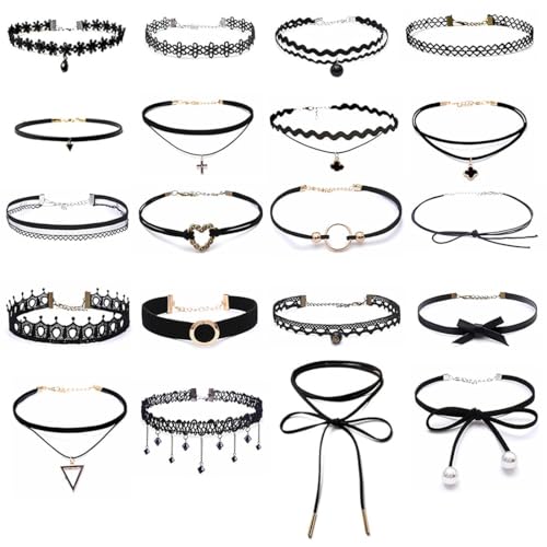 SULIUDAJI 20-teiliges Choker-Halsketten-Set, Samt-Gothic-Tattoo-Spitzen-Choker, Damen-Choker, Schwarz, geeignet für Frauen und Mädchen, verstellbarer Gothic-Tattoo-Spitzen-Choker