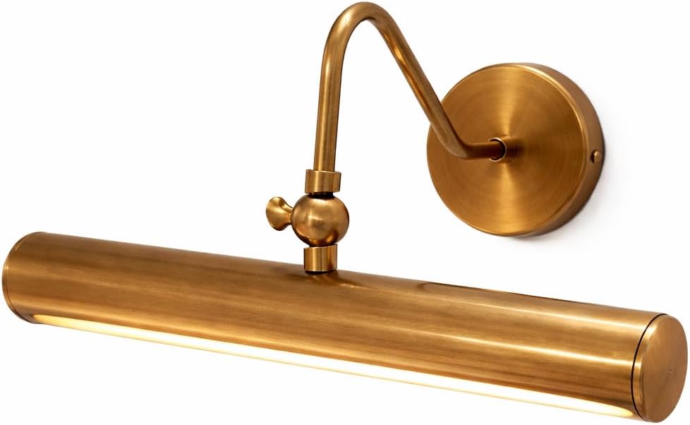 Antique Brass Picture Light – Hardwired Wall Mount Display Light for Paintings, Artwork, and Photos | Adjustable Arm & Rotating Shade | Vintage Wall Sconce for Gallery, Hallway (Antique Patina)