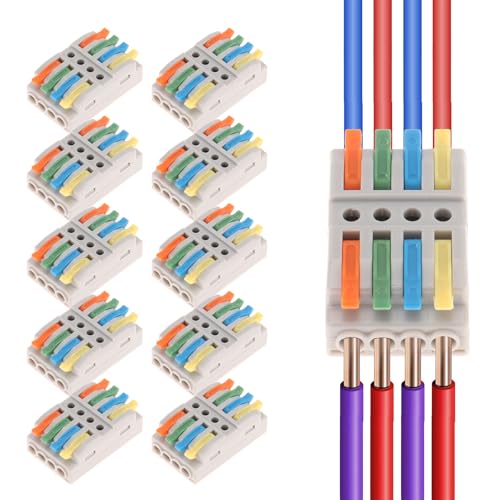 Image of AEDIKO 10pcs Lever Wire Connectors 4 IN 4 OUT Quick Wiring Cable Connector 4 Way Compact Wire Terminal Block for 28-12 AWG, 28-14 AWG