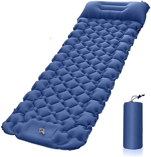 Inflatable Camping Sleeping Pad, Ultralight Portable Air Mattress with Built-in Pillow, Navy Blue