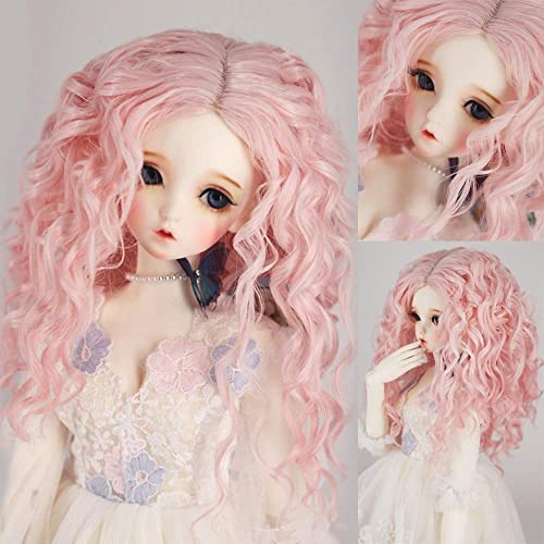 MUZIWIG 1/3 BJD SD Doll Wig Baby Born Pink Long Deep Spiral Kinky Doll Hair with Middle Parting SD BJD Doll Wig, 9-10 Inch