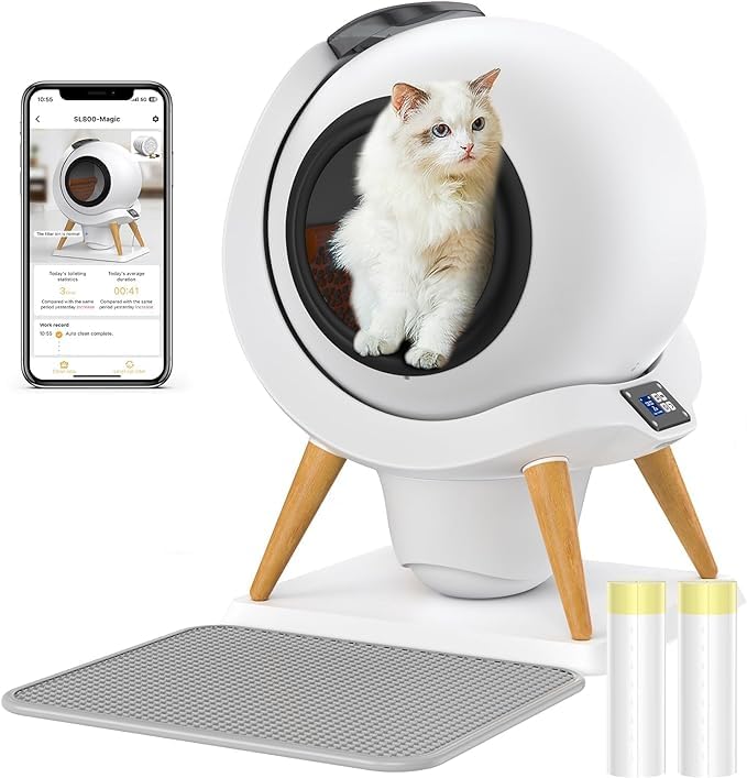 HoneyGuaridan Arena Autolimpiable para Gatos, Caja de Arena Automática App Control/Monitoreo de la Salud de su Gato/Orde Eliminación, Capacidad de 60L para Múltiples Gatos