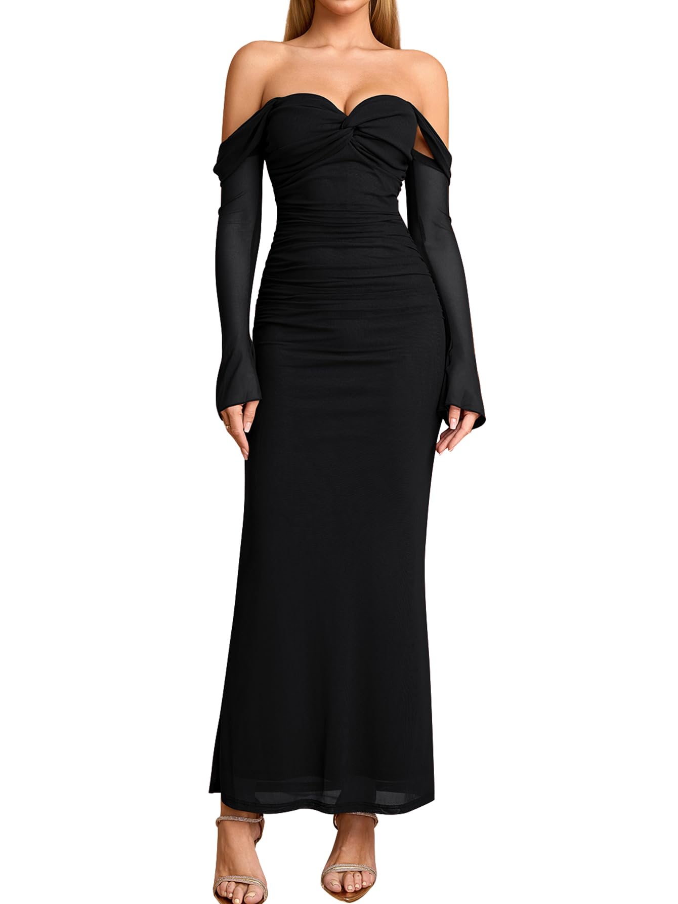 Photo 1 of ***POSSIBLY RUNS SMALL*** KUTUMAI Off Shoulder Long Sleeve Formal Dress Elegant Bodycon Ruched Cocktail Wedding Guest Dresses for Women 2025 Fall Black XL