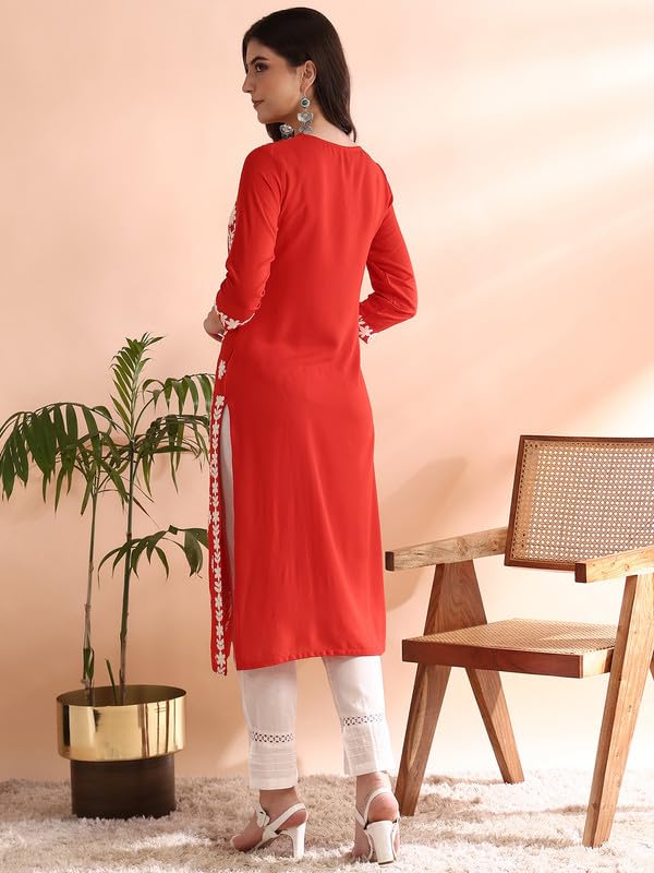 Image of Vaamsi Women's Viscose Rayon Solid Embroidered Straight Kurta | Chikankari Kurta for Women