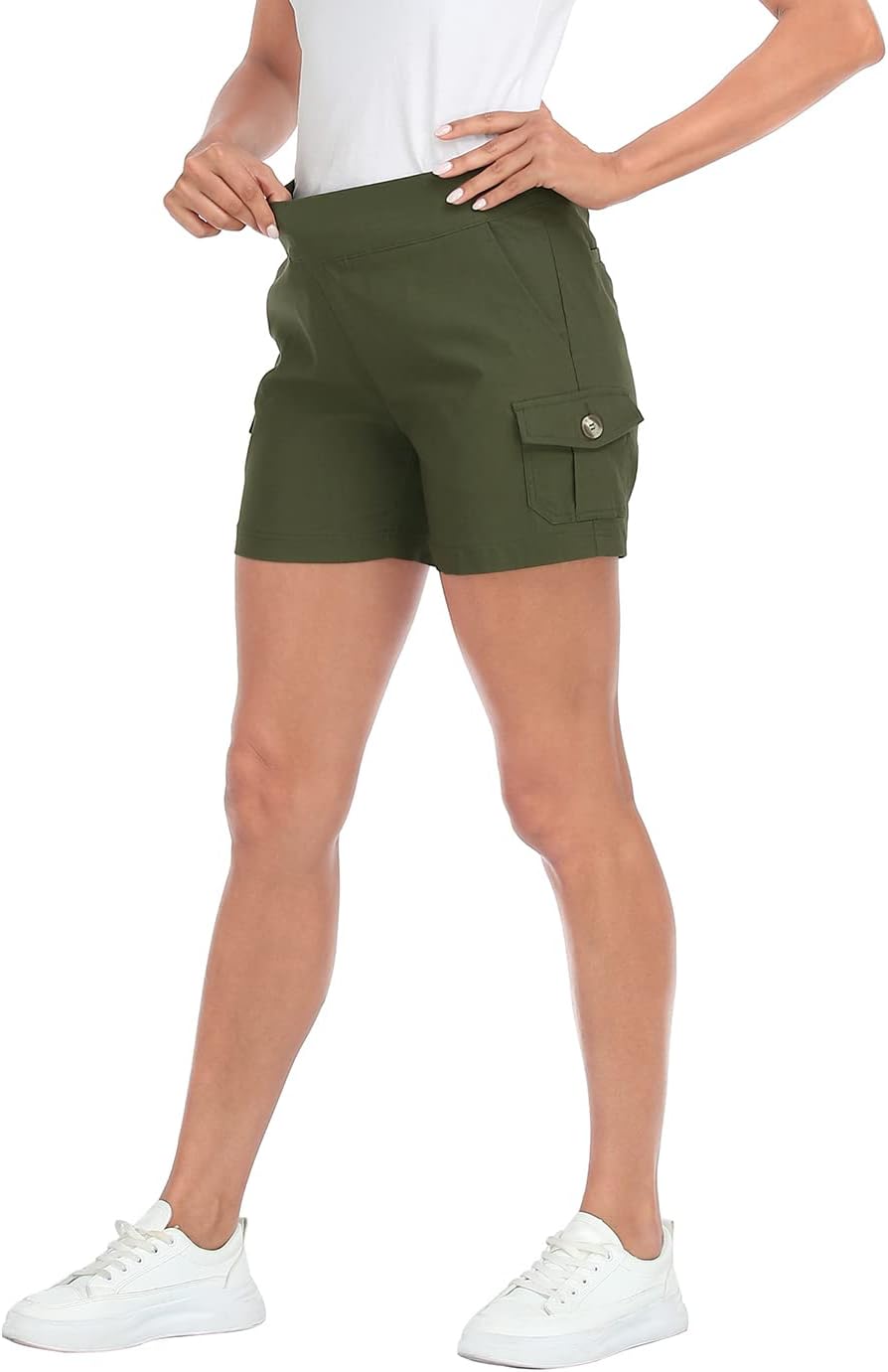 HDE Women's Cargo Shorts with Pockets High Waisted Pull On Stretch Casual Shorts