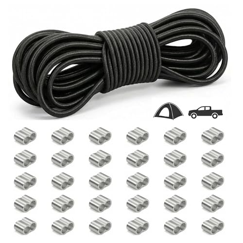 Gummiseil 6mm 15m Gummikordel Schwarz Expanderseil mit 30 Würgeklemmen Gummiband Expanderseil Planenseil für Anhängerplane Camping