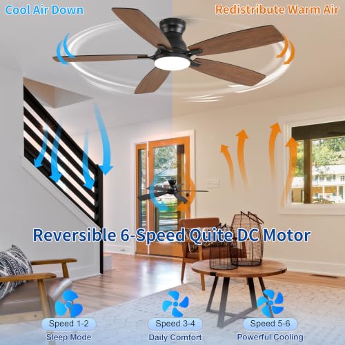 NKPU Ceiling Fans with Lights, Low Profile Ceiling Fan with Light and Remote/APP Control, DC Motor, Noiseless, Flush Mount, 52inch Brown Ceiling Fan for Bedroom Indoor/Outdoor Use - Image 5