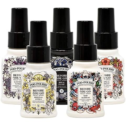 Poo-Pourri Set - Includes Original Citrus, Lavender Vanilla, Tropical Hibiscus, Ship Happens, and Royal Flush 1.4 Ounce Bottles Cover