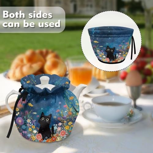 Image of Xoenoiee Black Cat Groovy Daisy Tea Cozy Tea Cosy for Teapots Keep Warm Teapot Cover Insulated Kettle Cover for Home Kitchen Table Decor