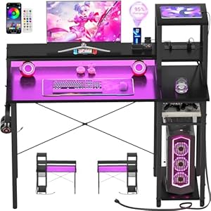 armocity 2024 Upgrade Gaming Desk with LED Lights, Small Computer Desk with Long Monitor Stand, 40” Reversible Laptop Table with Storage Shelves, Small Desk for Small Spaces, Gaming Room, Black