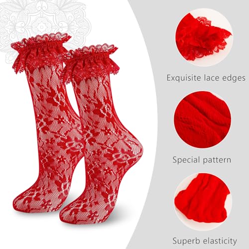 Image of Women Lace Ruffle Socks White Black Frilly Lolita Crew Dress Socks | Womens Ankle Lacy Ruffled Socks Adult Cute Soft Cotton Thin Sexy Mesh Lace Trim 80s Casual Church Socks for Ladies Big Girls