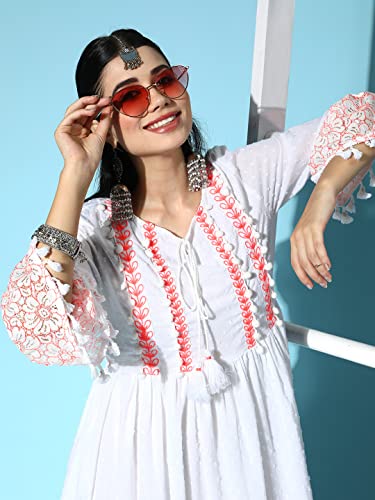 Image of ishin Women's Cotton Embroidered A-Line Knee Length Dress