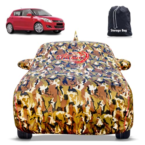 Image of Maruti Suzuki Swift 2011-2017 Models 100% Waterproof Car Cover for All Weather Protection Mirror & Inner Cotton Triple Stitched Cover, Adjustable Belt Bottom Elastic (Jungle Print)