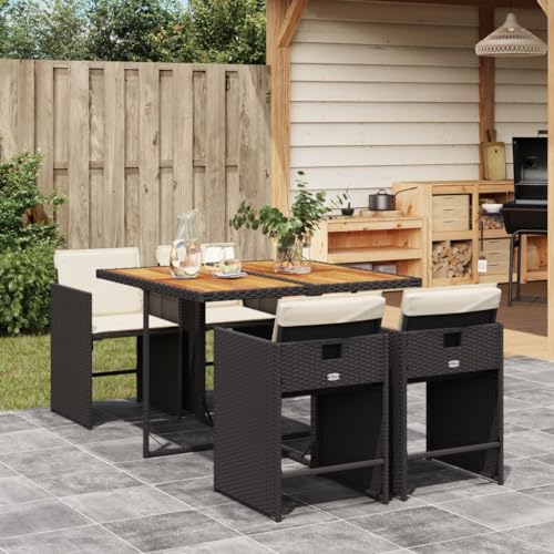 Image of 5-Piece Patio Dining Set of 4 Black and Cream White, Foldable Outdoor Furniture with Removable Cushions, UV-Resistant Poly Rattan and Acacia Wood for Balcony Terrace Garden
