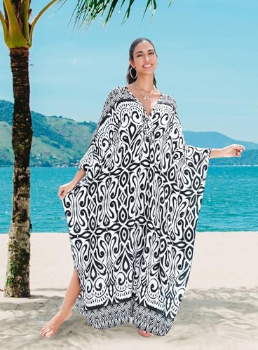 Image of Yanziliu Kaftan Dress for Women,Plus Size Hawaiian Batwing Sleeve Beach Cover Up Summer Swimsuit Dresses