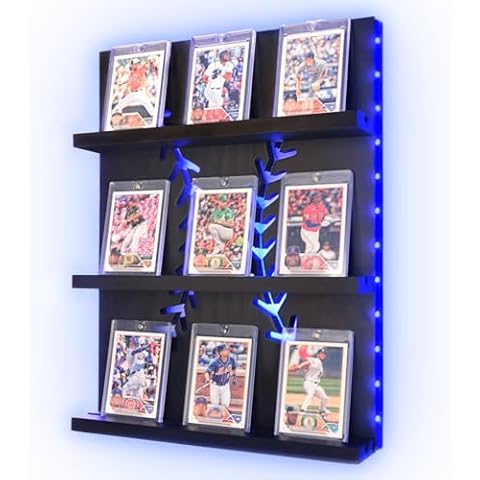 IKEPAHOK Baseball Trading Card Display Shelf, Sports Card Wall Shelves with LED Light, Wood Storage Holder for PSA SGC BGS NFL Collectible Graded Card, Football Basketball Hockey Hanging Frame Gift Cover