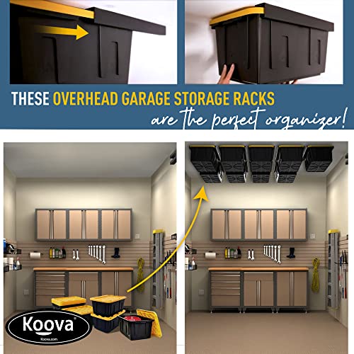 Image of Koova Heavy-Duty Overhead Garage Storage Rack for 9 Bins. Adjustable Width, 360lb Capacity. DIY Safe Mount, Easy Install. Fits 27-Gallon Totes. USA Made Pro-Grade Steel. Space Saving Organizer