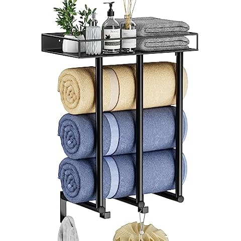 Ovicar Towel Racks for Bathroom - Wall Mounted Towel Rack with Metal Shelf & 3 Hooks, 3 Bars Wall Towel Holder for Small Bathroom, Bath Towel Storage for Rolled Towels Organizer (Black) Cover