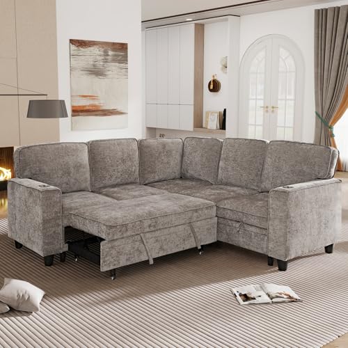 Image of KEIKI 81 inch L-Shaped Oversized Chenille Modular Sectional Sleeper Sofa with Pull-Out Bed, Storage Seat, Modern 5-Seater Upholstered Couch Bed with Charging Station, Easy Assembly, for Living Room, Brown