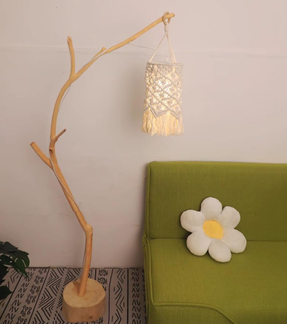 EaEa Vintage Boho Wandleuchte mit Schalter, E27 Innen Wandlampe mit 3m Kabel Stecker, Wand Nachttischlampe mit Seil Lampenschirm Weiß, Holz Rustikal Wandbeleuchtung für Schlafzimmer Wohnzimmer Flur