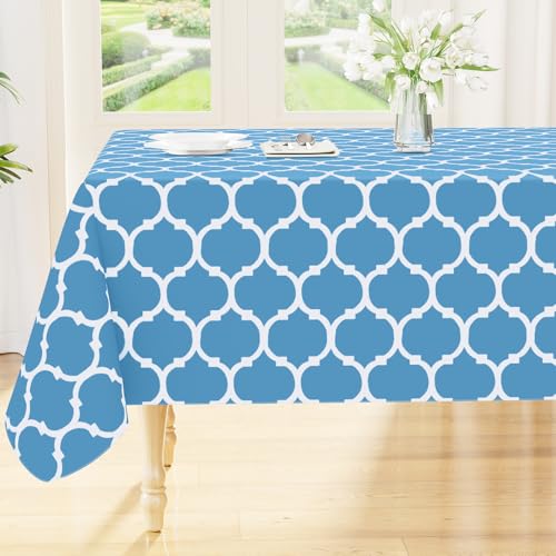 Image of Smiry Rectangle Table Cloth, Flannel Backed Vinyl Tablecloth, 60 inchx120 inch | Waterproof Plastic Tablecloths, Wipeable Table Cover for Dining, Indoor and Outdoor (Light Blue)