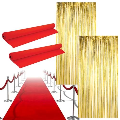 LOVETRENDS Hollywood Party Decoration Set - 2x Red Carpet Runners 2x Gold Foil Curtains - Red Carpet Events Oscar Parties Movie Premiere Celebrations Party Décor