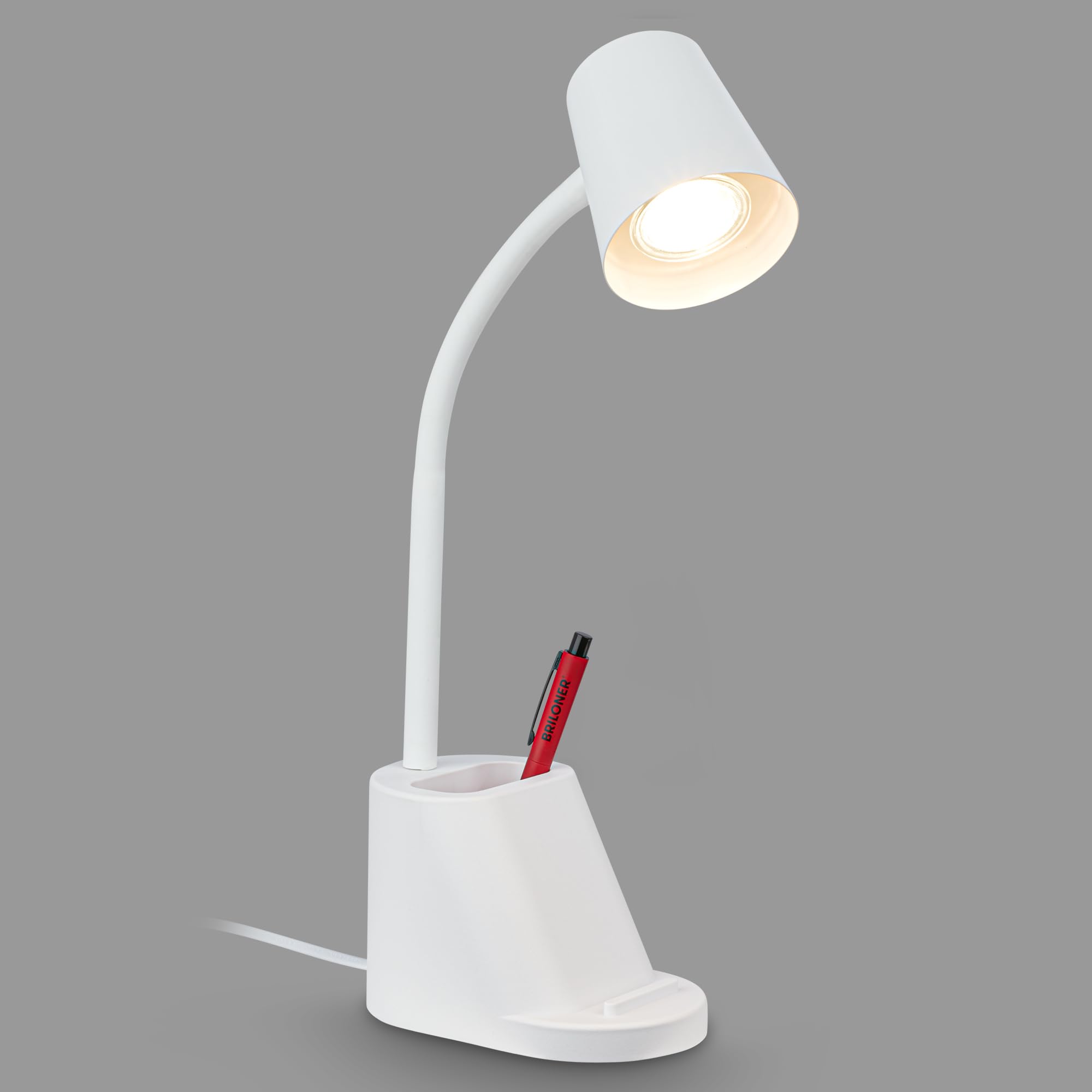 Briloner - Lámpara Escritorio Orientable con Portalápices, Lamparas de Mesita de Noche, Lámpara de Mesa GU10 para Oficina, Interruptor de Cable, Lampara Lectura, 21x10x35cm, Luz Escritorio, Blanco