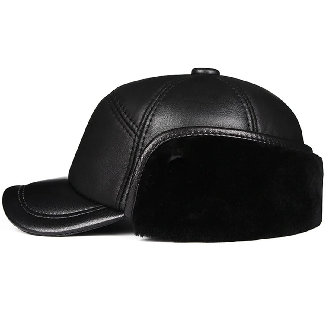 Gorro de invierno para hombre, piel de oveja auténtica, con solapa para las orejas, color negro, cálido y grueso, marrón, 55-56 cm