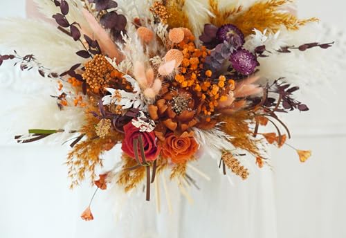 Bouquet rústico boho beige y naranja para boda miniatura 4