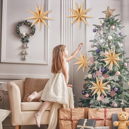 Image of 12 Inches 5 PCS Natural Paper Star Lanterns Christmas Hanging Lamp Rustic Paper Decorations Shade Wedding Birthday Christmas Home Party Decorations (9 Pointed)