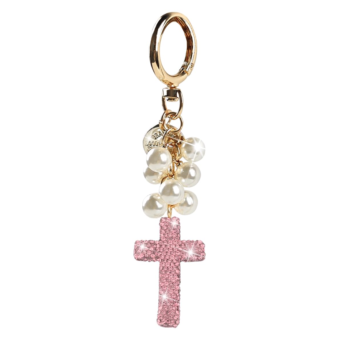 Bling Car Keychain Pearl Crystal Rhinestones Cross Vehicle Key Chain Automotive Keyring Accessories Universal Fit Pink