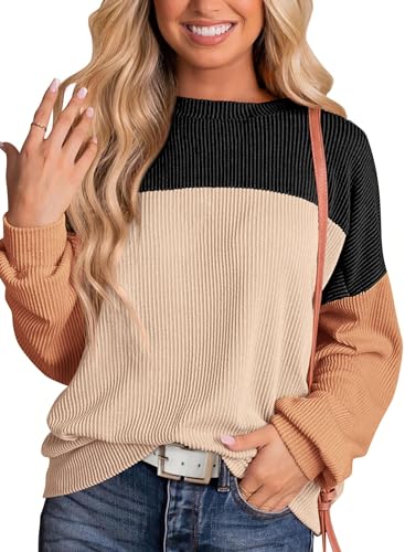 KIRUNDO Womens Spring Fashion 2025 Ribbed Long Sleeve Knit Tops Color Block Casual Loose Crewneck Pullover Shirts Clothing