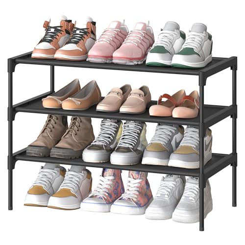 SONGMICS Shoe Rack, 3-Tier Shoe Storage Organizer, Space-Saving, 11.7 x 24.5 x 21 Inches, Entryway, Metal Frame, Non-Woven Fabric Shelves, Ink Black ULSH023BH01