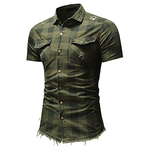 Men's Short Sleeve Tee Tops Slim Fit Button Turn Down Plaid Shirt with Pocket T-Shirts Blouse (L, Army Green)